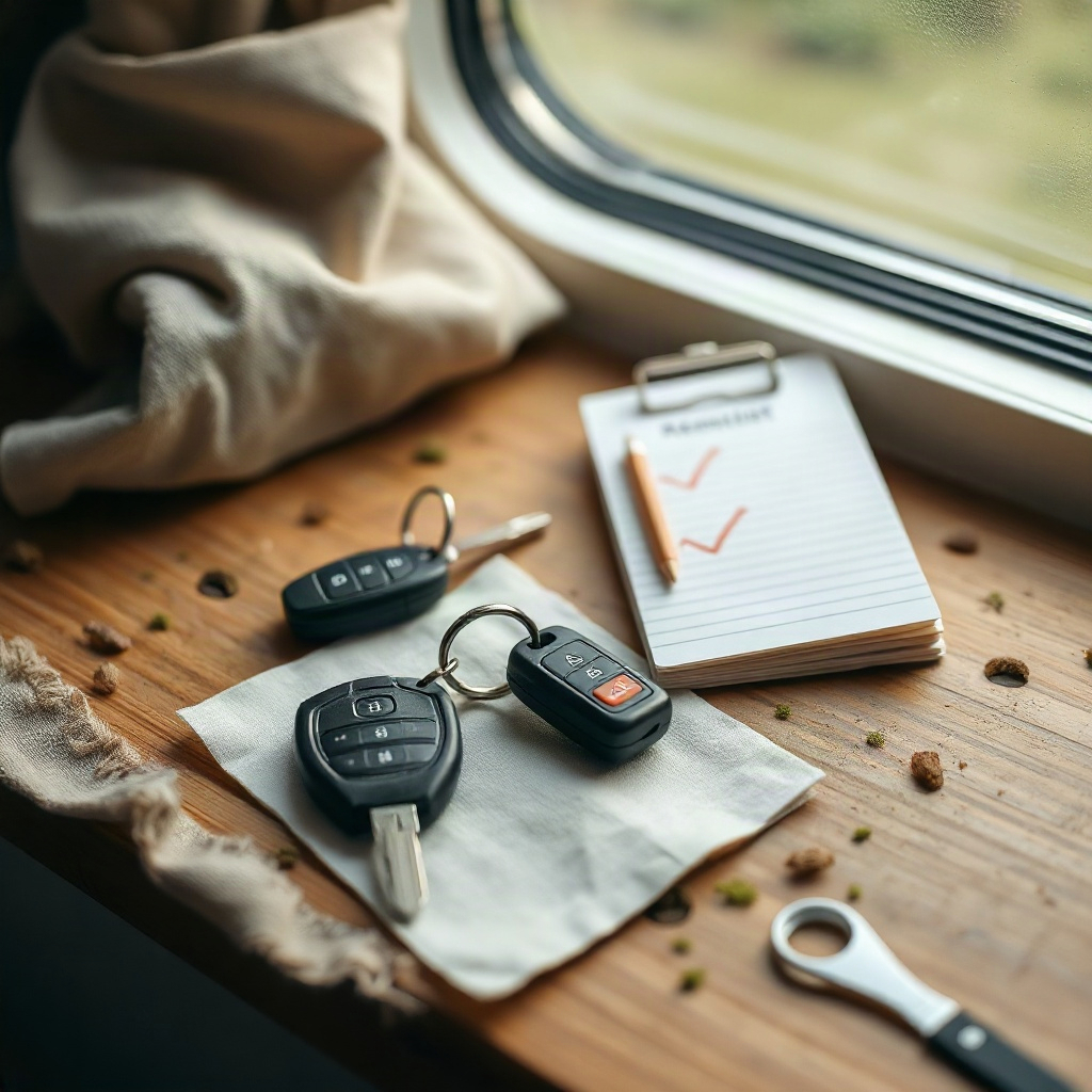 Keys and checklist on a workbench