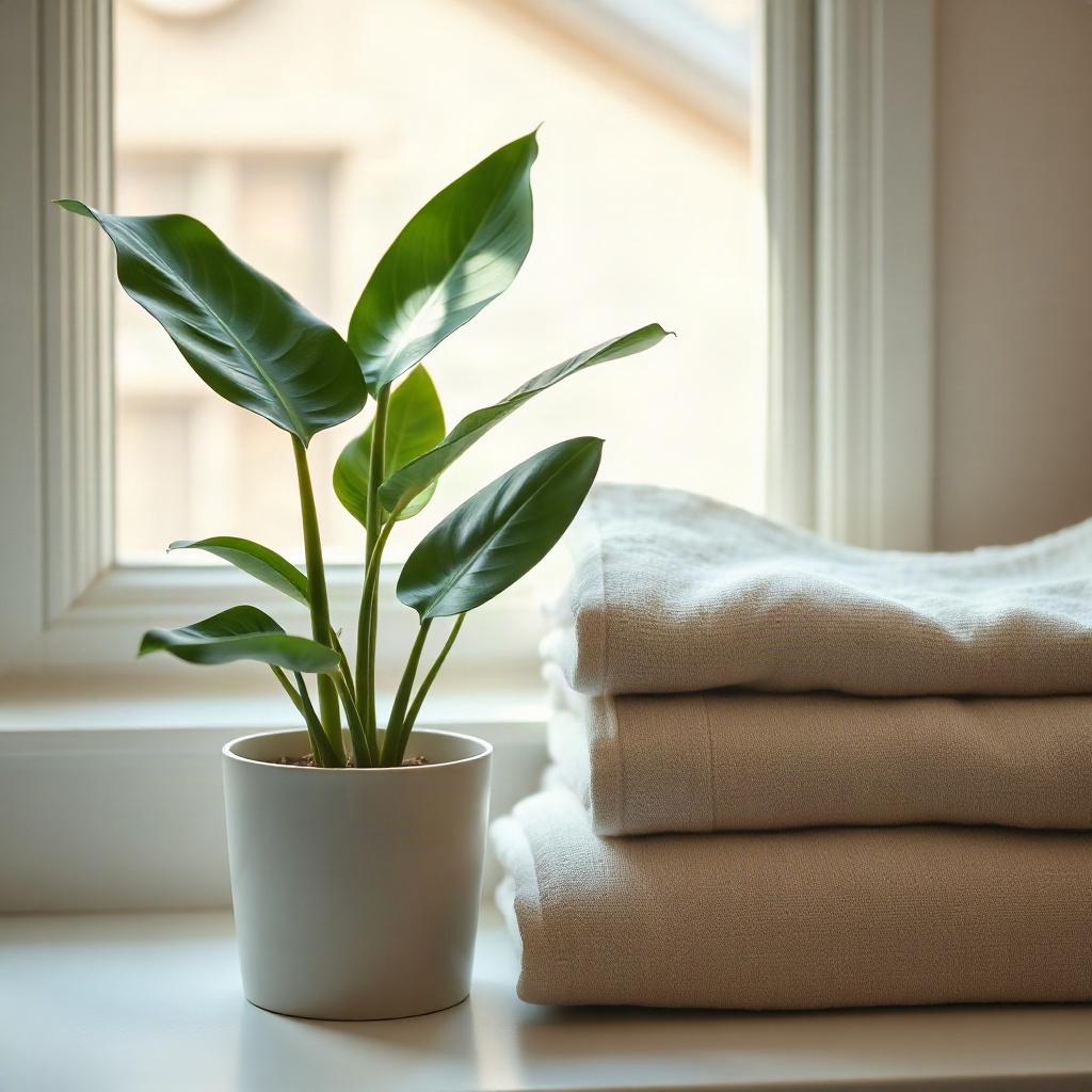Monstera beside folded towels