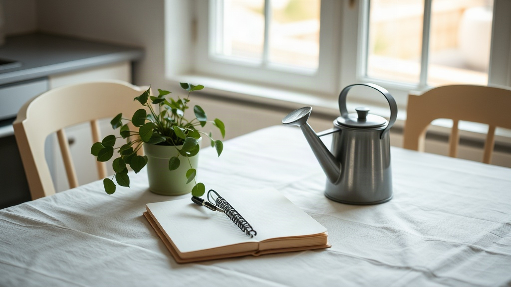 Quiet linen table with plant and notebook